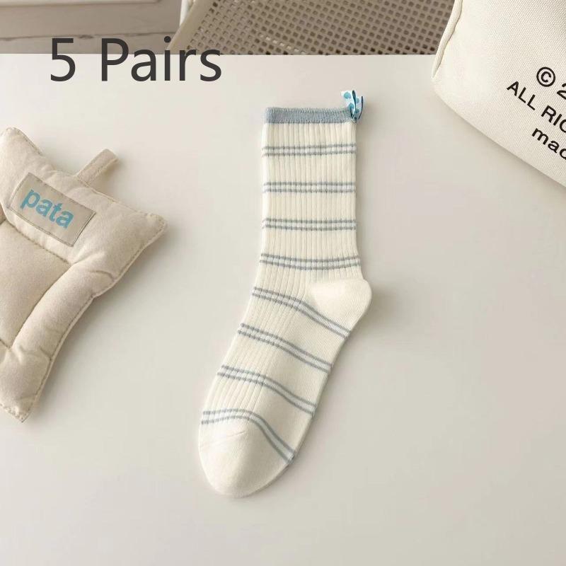 5 Pairs of New Female Spring and Summer Striped Heel Cloth Label Long Tube Pile Socks