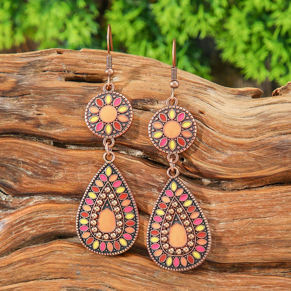 Vintage Bohemian Vacation Style Female Earrings Fashion Ethnic Unique Drop Oil Colorful Geometric Dangle Earrings Female Jewelry