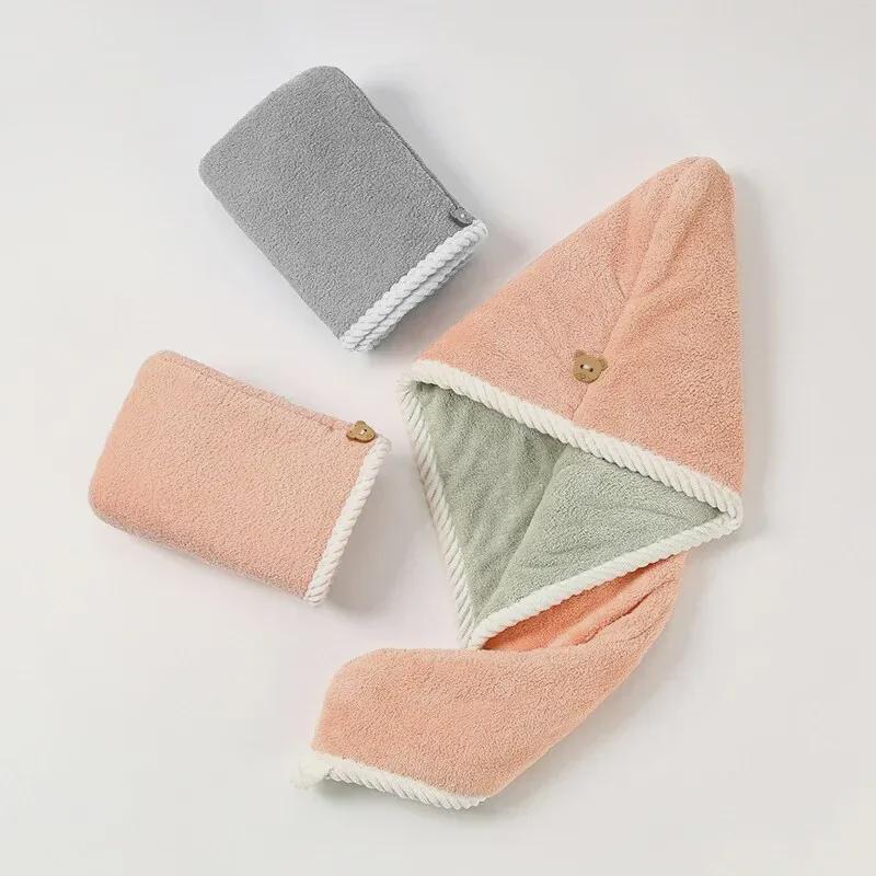 Two-Color Coral Fleece Quick-Dry Hair Towel Cap - Women's Super Absorbent, Thick, and Double-Layered.
