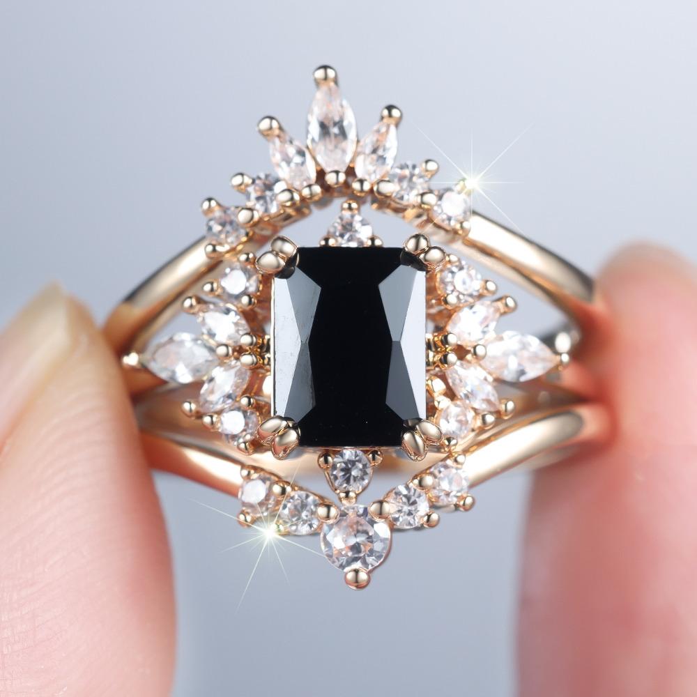 Elegant Square Black Zircon Ring Set for Women Luxury Gold Color Three-piece Commitment Ring Jewelry Accessories