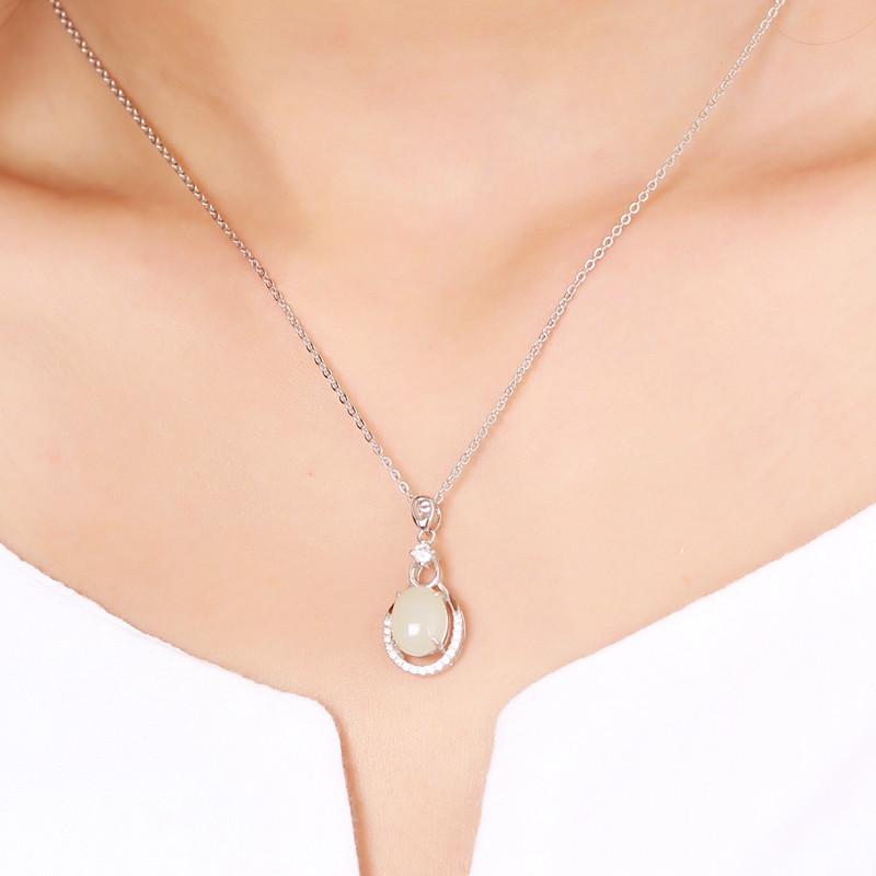 Certified Natural Hetian White Jade Pendant Necklace with 925 Sterling Silver Inlay for Women