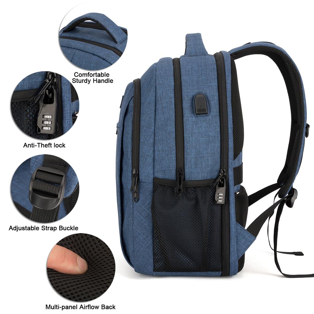 SKvoen Zaino Da Viaggio Per Laptop 15.6'' Con Porta USB, Impermeabile, Grande Capacità, Blu