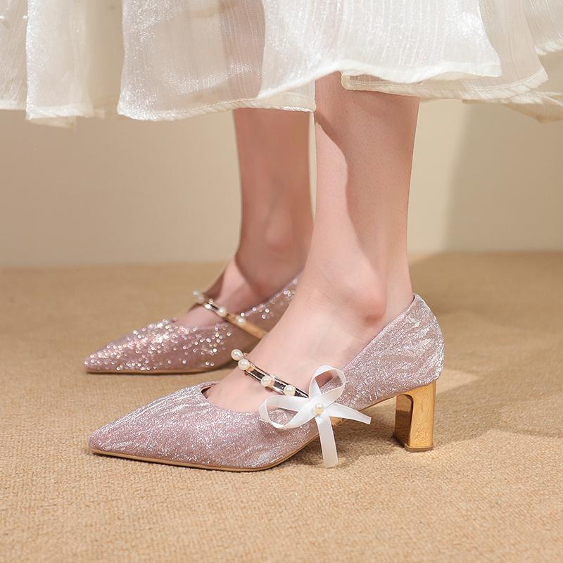 New One-line with Pointed Toe Shallow Single Shoes Feminine Pearl Bow Non-tiring Feet Non-slip Block Heel High Heels