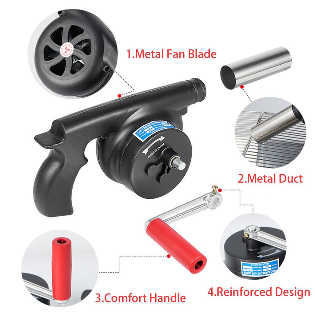 Manual BBQ Air Blower with Metal Fan Blade, Hand Crank Fire Starter Tool for Camping and Outdoor Use