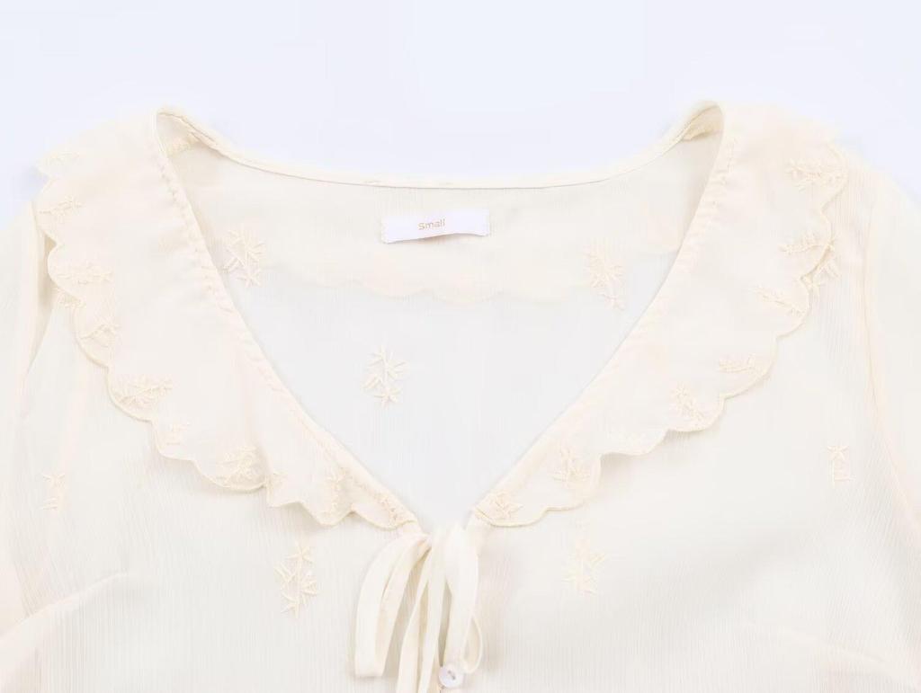 European & American Style Women's Chiffon Shirt with French Lace-up Waist, Embroidered Ruffles, and Long Sleeves