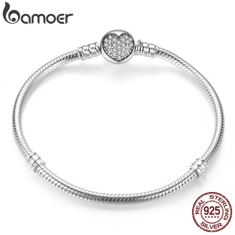 

BAMOER Authentic 100% 925 Silver Classic Snake Chain Bangle & Bracelet for Women Pave Setting CZ Fine Jewelry PAS916 Metal Color: 17CM
