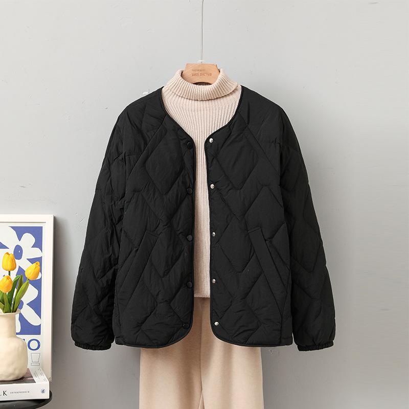 New Collarless Diamond Simple Versatile Round Neck Breasted White Duck Down Thin Lightweight Down Jacket Female Winter
