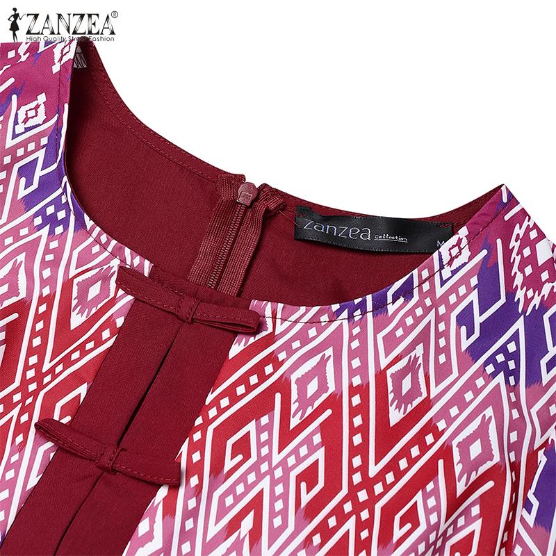 ZANZEA Women Casual Fake Two Piece Patchwork Retro Print Short Sleeve Dress