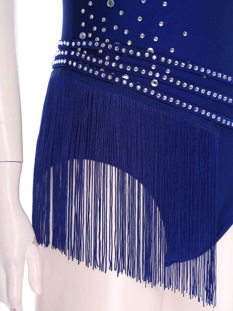 Womens Gymnastics Leotard Asymmetric Shoulder Design Glittery Rhinestone Tassel Fringe Bodysuit Latin Dancewear