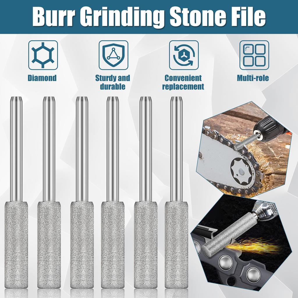 6pcs Diamond Coated Cylindrical Burr 4mm Chainsaw Sharpener Stone File Chain Sharpening Carving Grinding Polishing Tools Kits