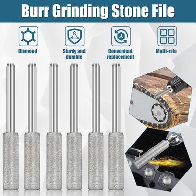 6pcs Diamond Coated Cylindrical Burr 4mm Chainsaw Sharpener Stone File Chain Sharpening Carving Grinding Polishing Tools Kits