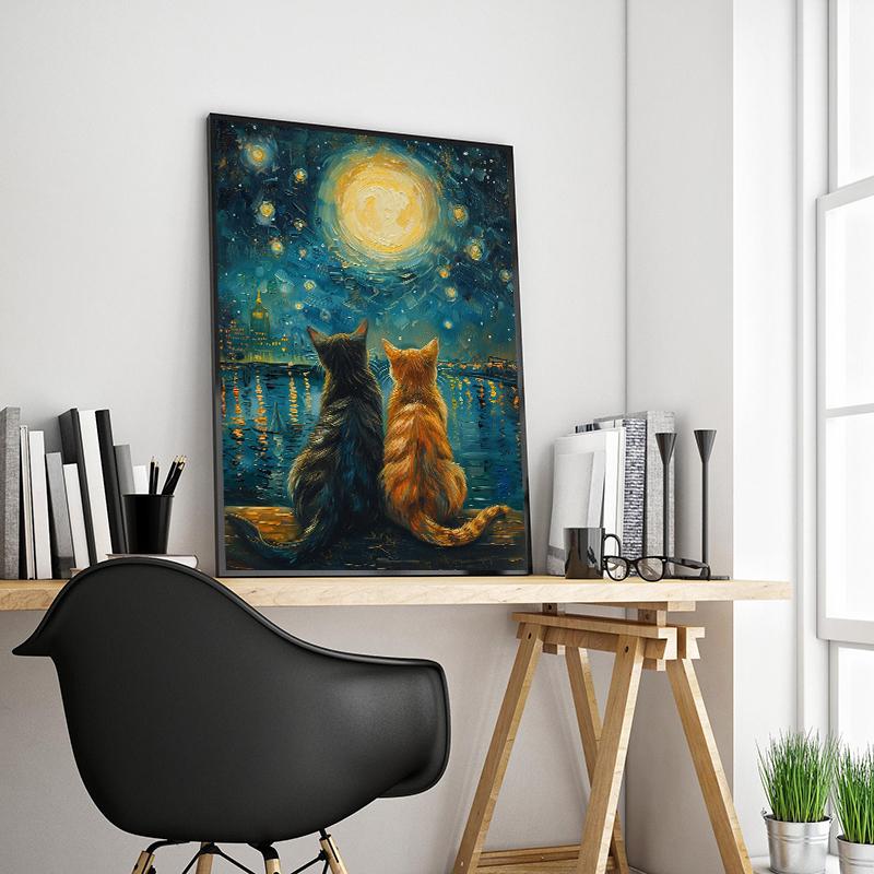 Black Cat Reading in Cozy Bed Orange Cat Cherry Blossom Lotus Landscape Canvas Painting Print Wall Art Picture Room Home Decor