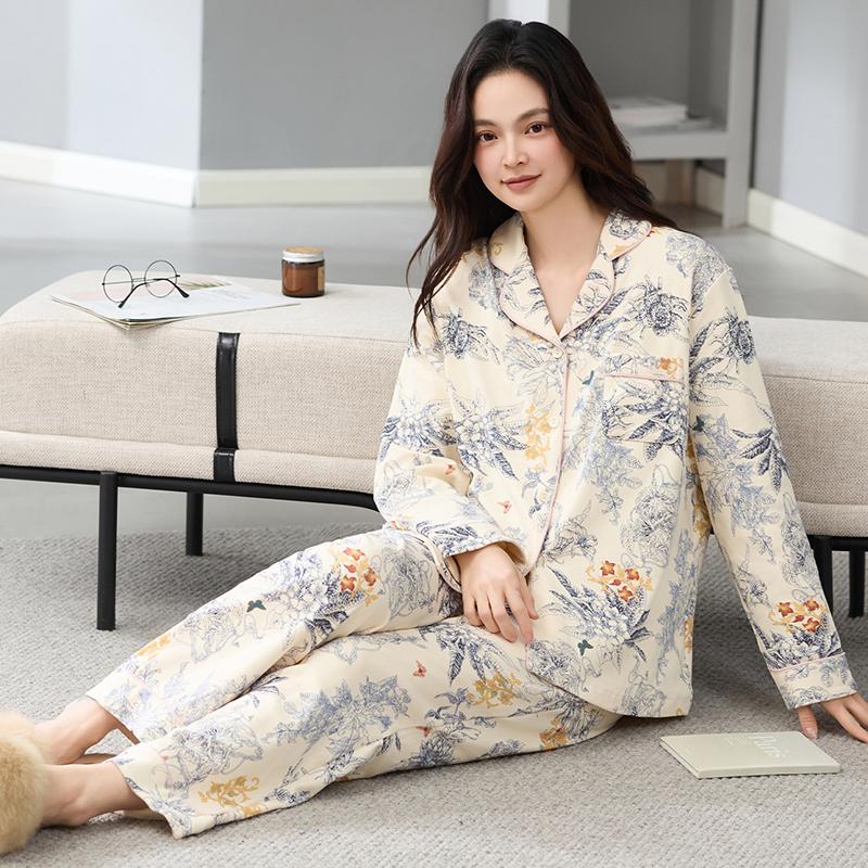 

Большой размер M-4XL Весенне-осенняя женская вязаная хлопковая пижама с длинным рукавом и отложным воротником 4XL