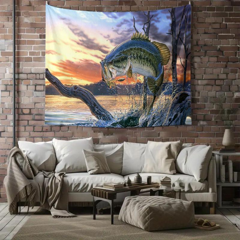 Largemouth Bass Fishing Sunset Lake Wall Tapestry Machine Washable All Season Decor Art Print Nature Wildlife Design Home
