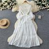 Lace Splicing Hollow Pleated Dress Women's Long-sleeved High-waisted A-shaped Skirt Big Pendulum High-elastic Long Dress