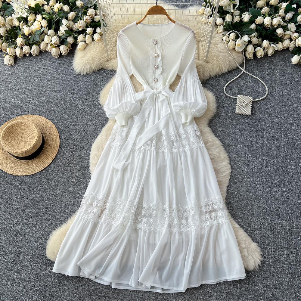 Lace Splicing Hollow Pleated Dress Women's Long-sleeved High-waisted A-shaped Skirt Big Pendulum High-elastic Long Dress