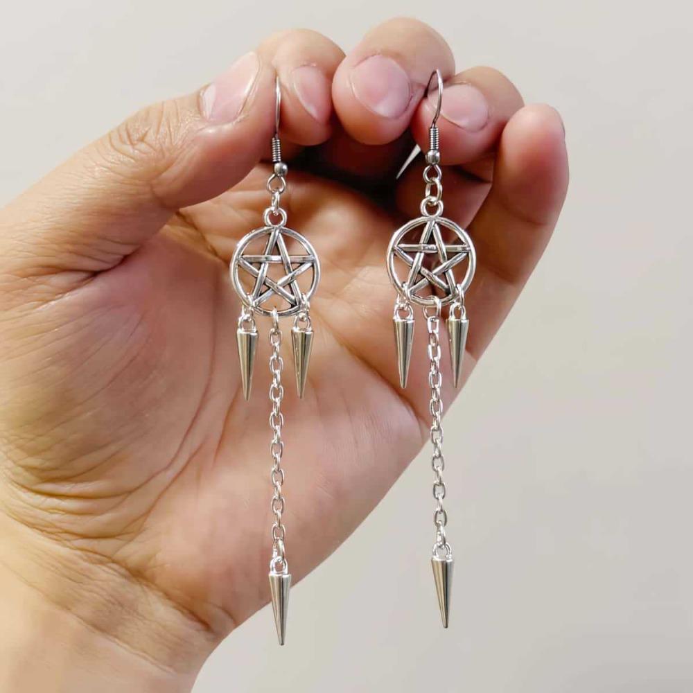 Gothic Punk Silver Color Hollow Out Pentagram Spike Tassel Chain Long Dangle Earrings for Women Halloween Witch Pagan Jewelry