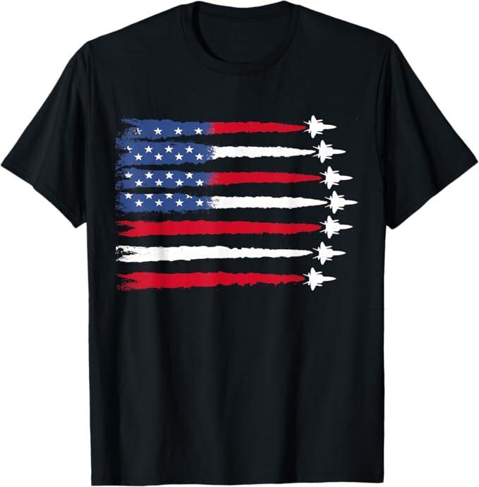 Patriotic Red White Blue USA Flag Fighter Jets 4th of July T-Shirt