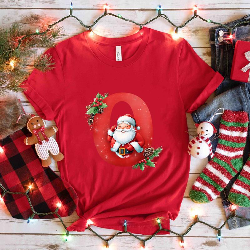 Santa AZ Alphabet Womens Tshirt Christmas Party Casual Tee with Graphic Print Holiday Fashion Y2k Tops for Female Clothing