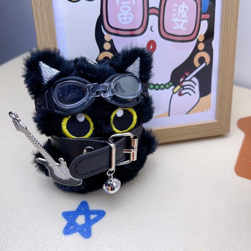 New Cool Black Cat Plush Pendant Keychain Punk Style Cute Black Big Eyes Cat Plush Doll Bag Decoration Birthday Small Gift