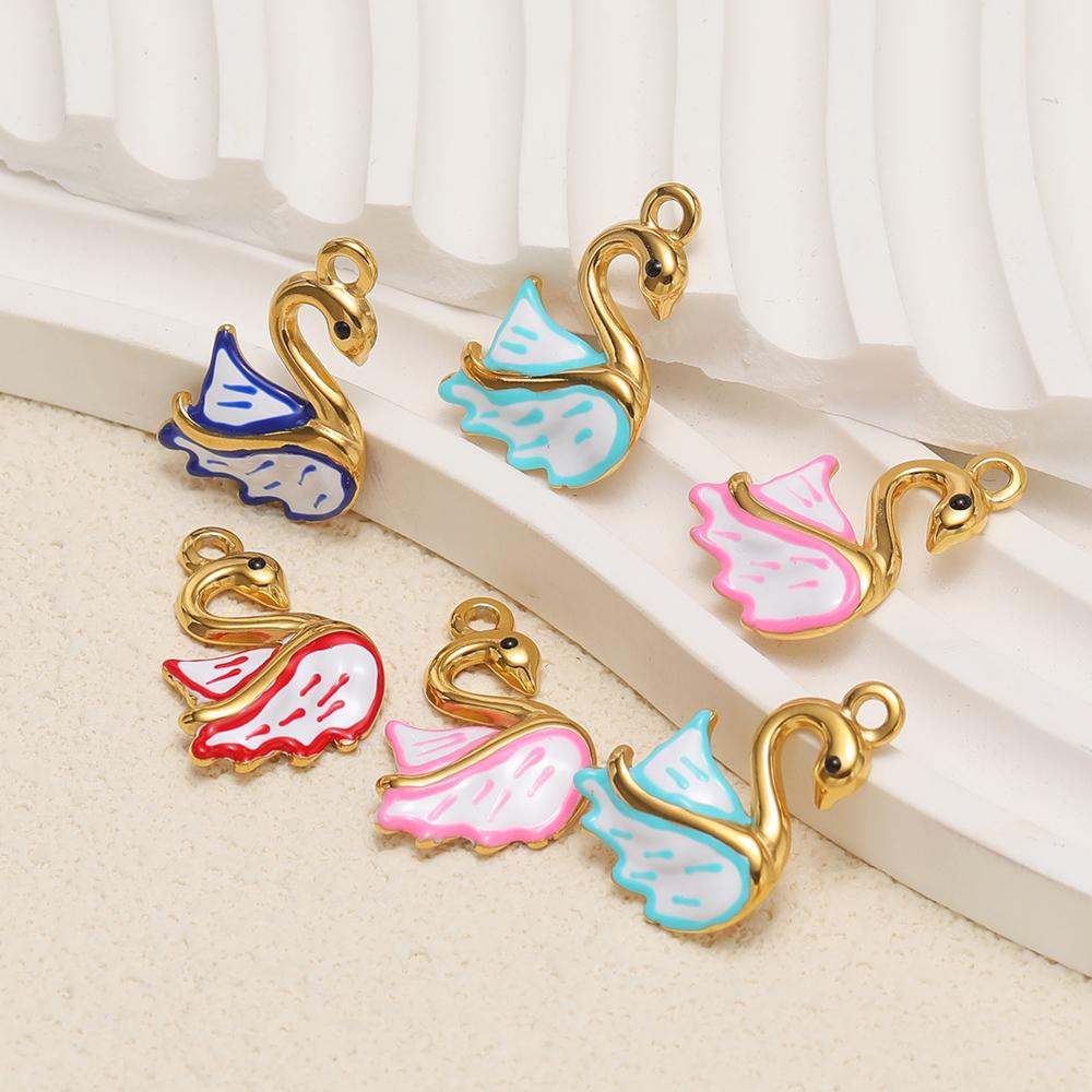 5Pcs Stainless Steel Cute Enamel Swan Charms for DIY Girls Necklace Pendants Earrings Findings Children Gifts Jewelry Making