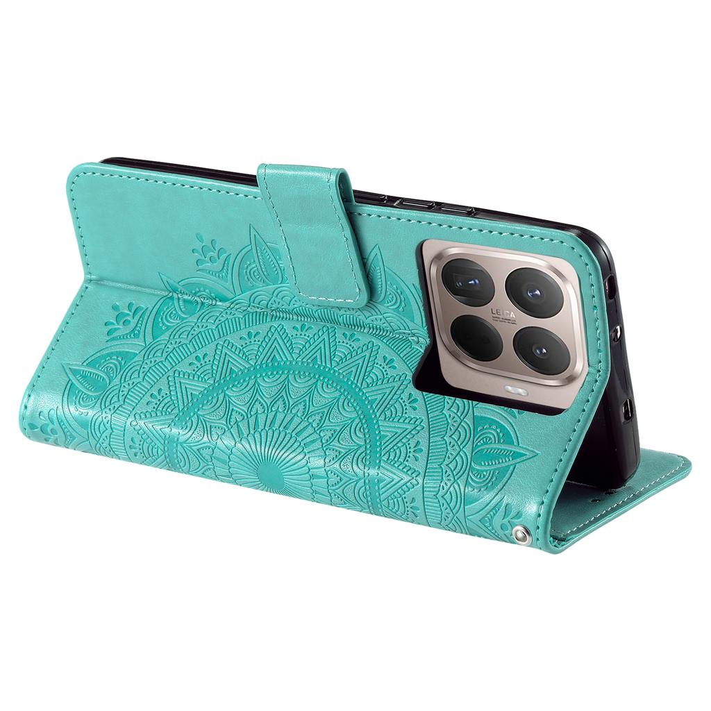 For Xiaomi 15T Pro Stand Case Imprinted Totem PU Leather Wallet Phone Cover with Wrist Strap