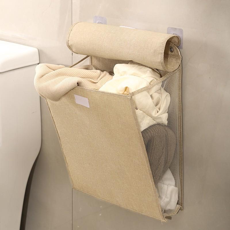 Foldable Cotton Linen Laundry Hamper: Wall-Mounted Multifunctional Organizer for Bathroom, Dorm, and Household Use.