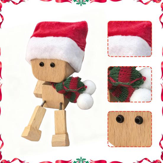 1 Set Christmas Shaking Wooden Man Wood Block Man Figurine with Shaking Legs 12 Magnetic Expressions Handmade Funny Santa Figurine