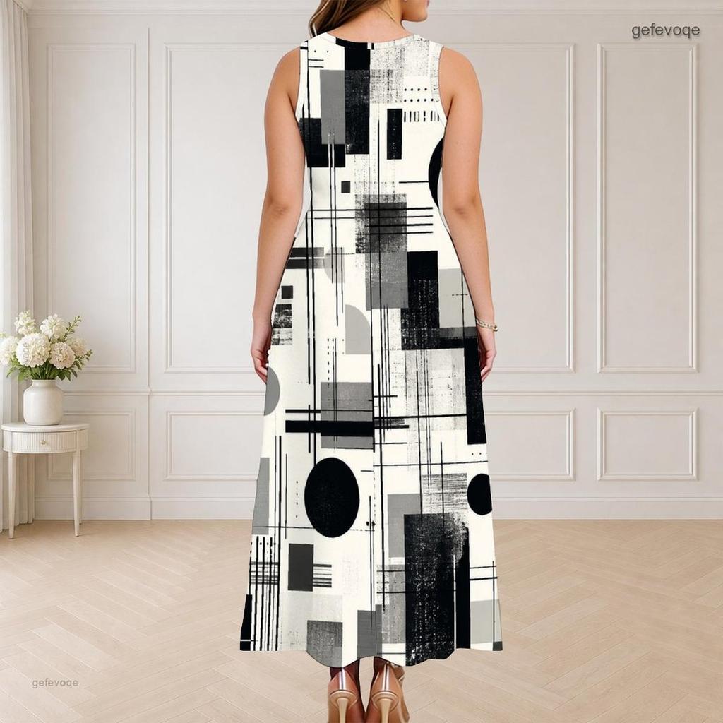 Women Plus Size Round Neck Triple Keyhole Cutout Sleeveless Printed Long Dress Black Orange Off White