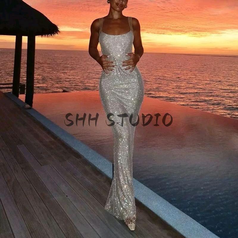 Spring New Women clothes French style Design Shiny Diamond Evening dress Sheath Sling Long Dress