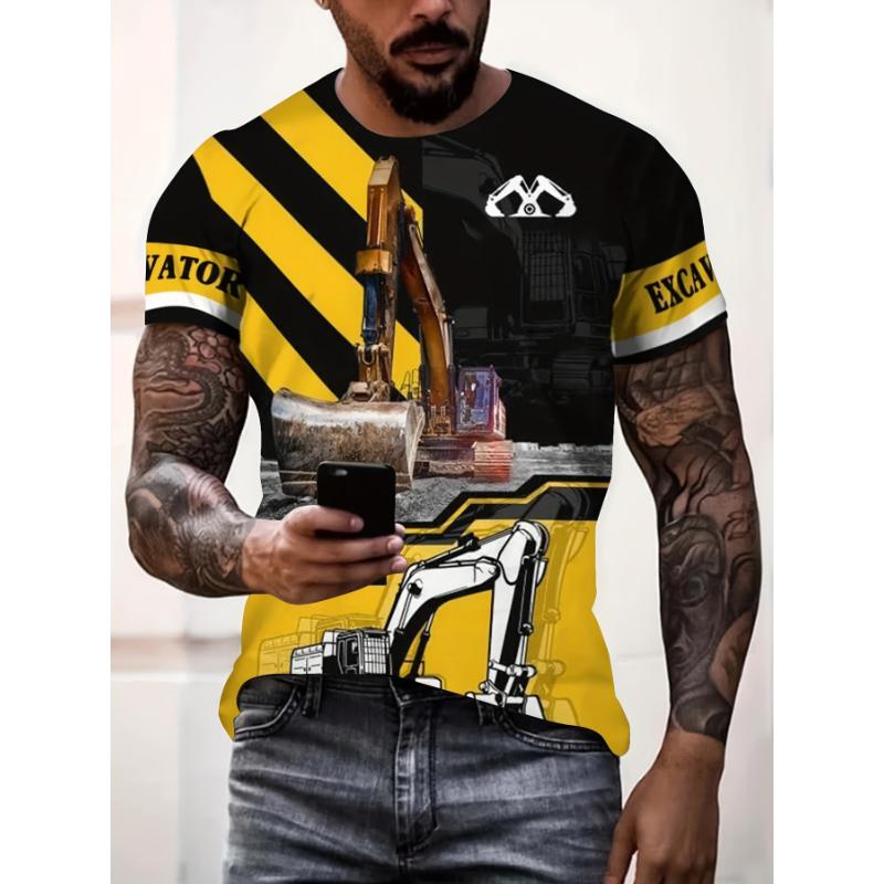 Summer Fashion Excavator Pattern Printed Men's T-shirt Short sleeved Daily Outdoor Leisure Round Neck Short Sleeve