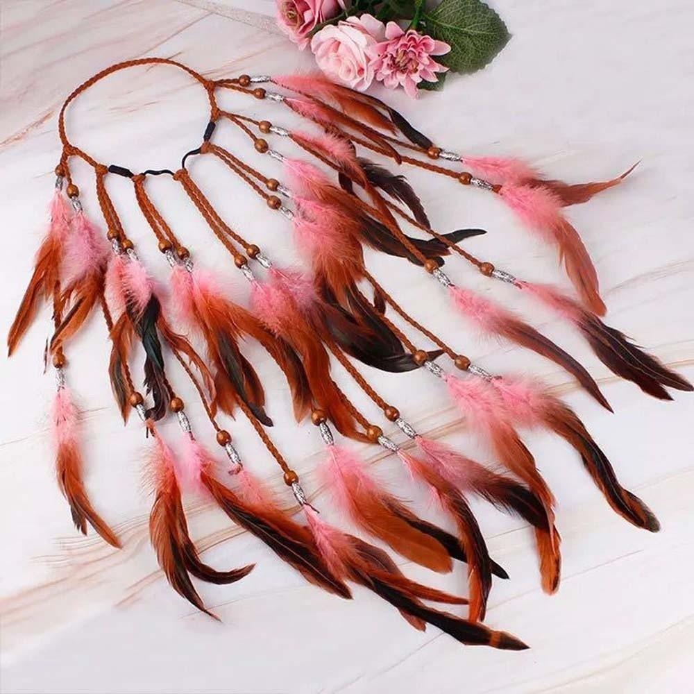 Synthetic Braided Cord Boho Feather Headpiece Adjustable Slide Bead Multi-strand Design Tribal Hair Extension