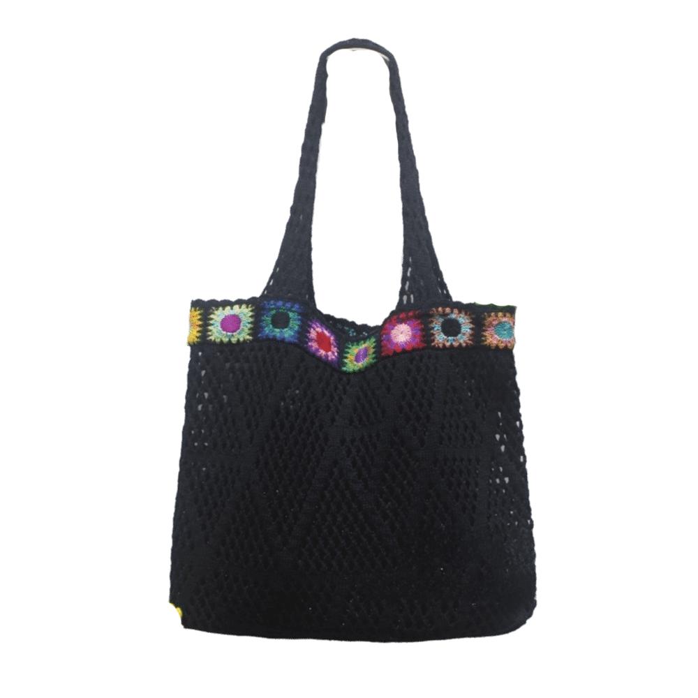 

Simple Flower Knitting Shoulder Bag Large Capacity Hollow Crochet Tote Bag Bohemian Shopping Bag Woven Handbag Outdoor/Travel чёрный