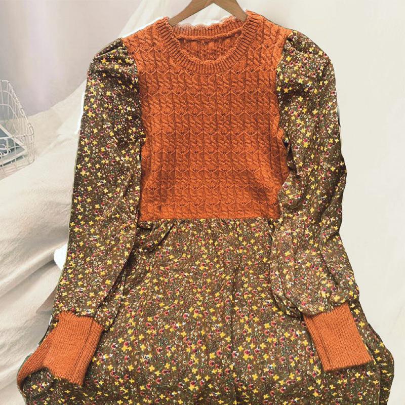 Trendy Autumn/Winter Korean Style Slimming Patchwork Tie-Up Knit Long Dress with Corduroy Floral Print