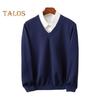 Men Fall Winter Sweater Fake Two-piece Shirt Patchwork Turn-down Collar V Neck Long Sleeves Elastic Pure Color Slim Fit Warm Knitwear