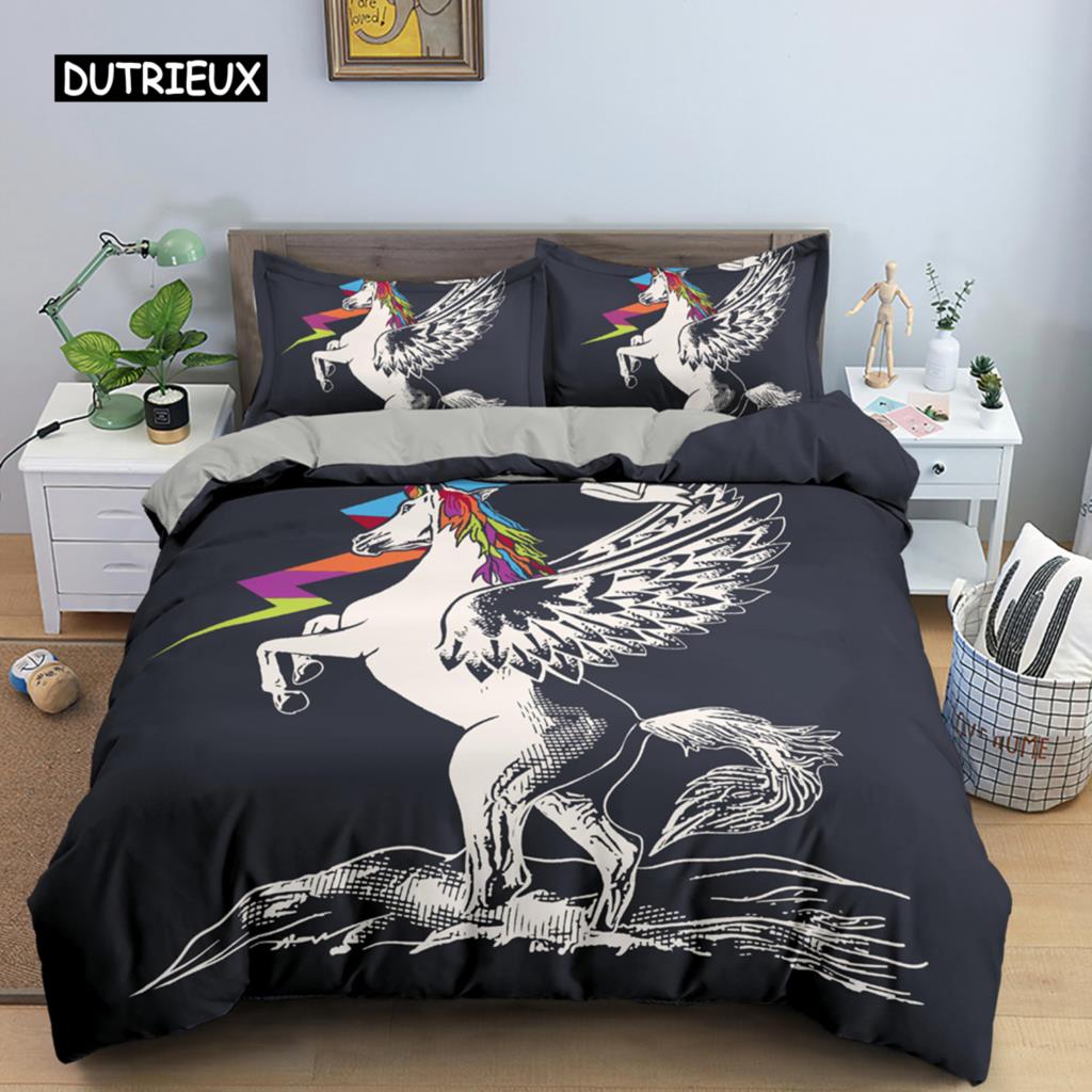 Unicorn Duvet Cover King Queen Cartoon Animal Bedding Set Kids Teens Adults Lovely White Magical Creatures Polyester Quilt Cover