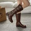 Women's Long Boots 2026 Autumn Comfortable Anti Slip Outdoor Fashion Mid Heeled Boots Leather Retro Boots Buckle Botas Mujer