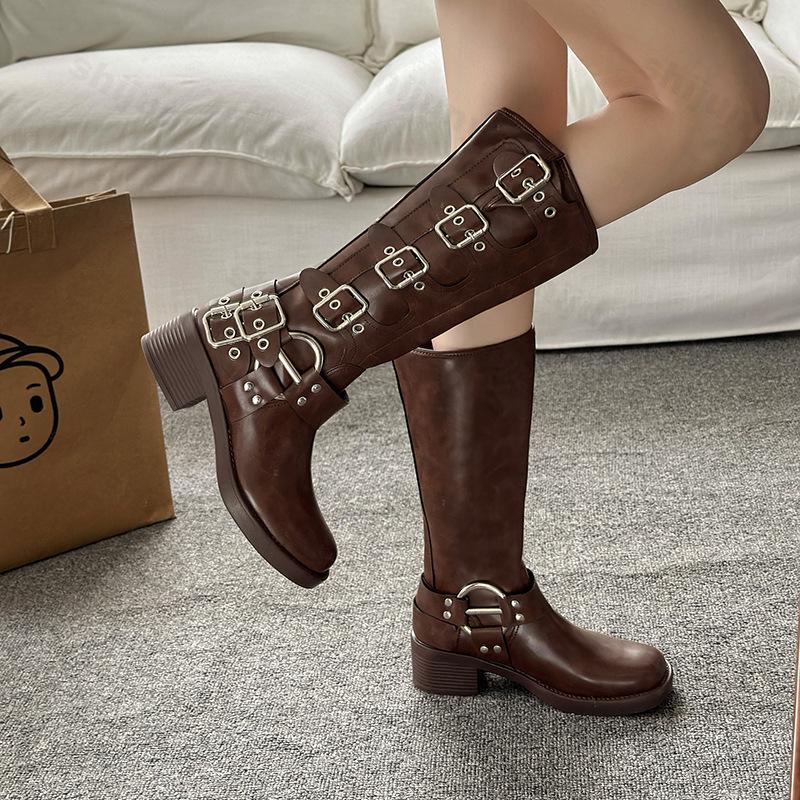 Women's Long Boots 2026 Autumn Comfortable Anti Slip Outdoor Fashion Mid Heeled Boots Leather Retro Boots Buckle Botas Mujer