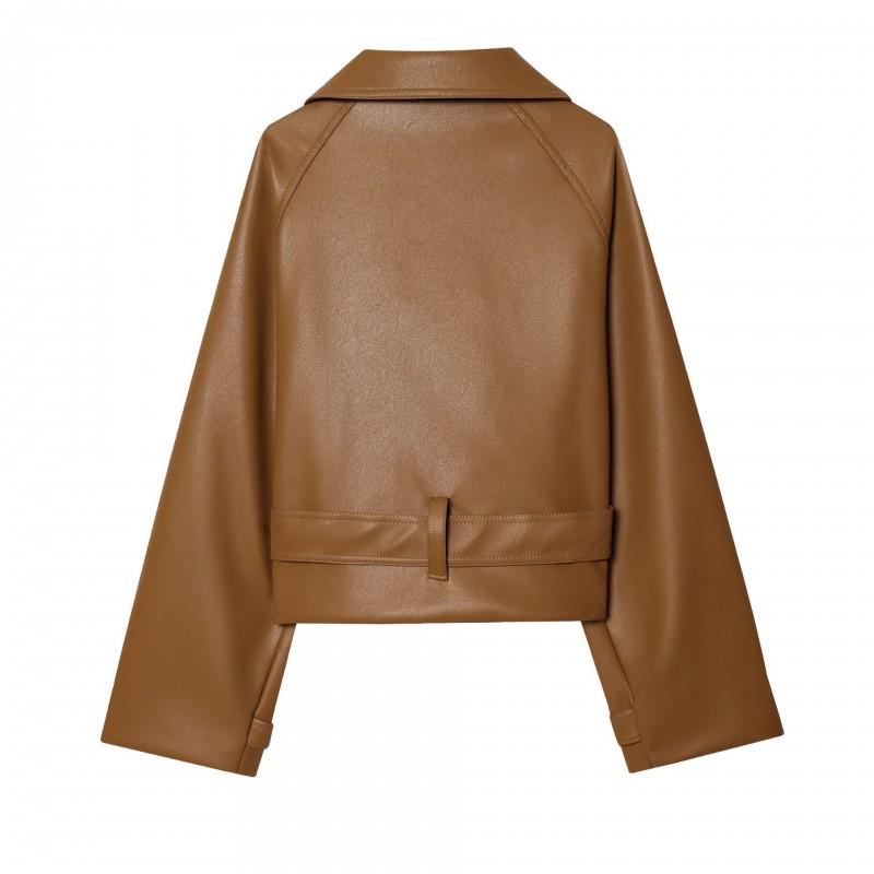 Womens Short Faux Leather Trench Coat Double Breasted Lapel Long Sleeve Casual Outerwear
