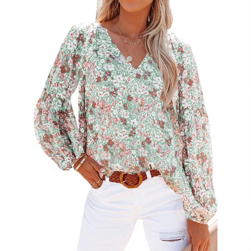 Herbst Neu Floral Chiffon Bluse Damen Locker V-Ausschnitt Langarm Freizeit Oberteil