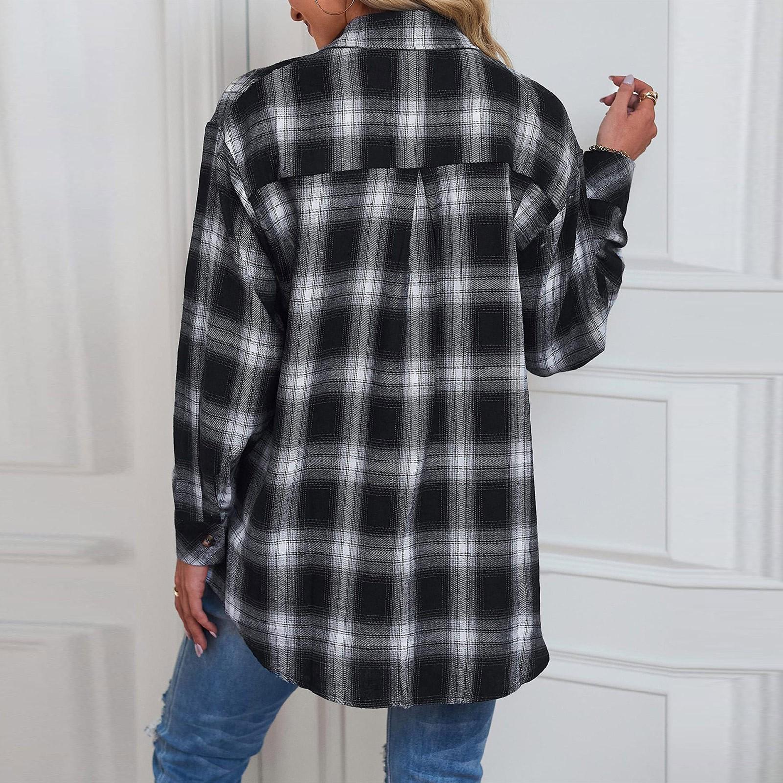 

Women s Casual Fashion Loose Plaid Shirt Long Sleeve Pocket Button Shirt Mid-length L чорний