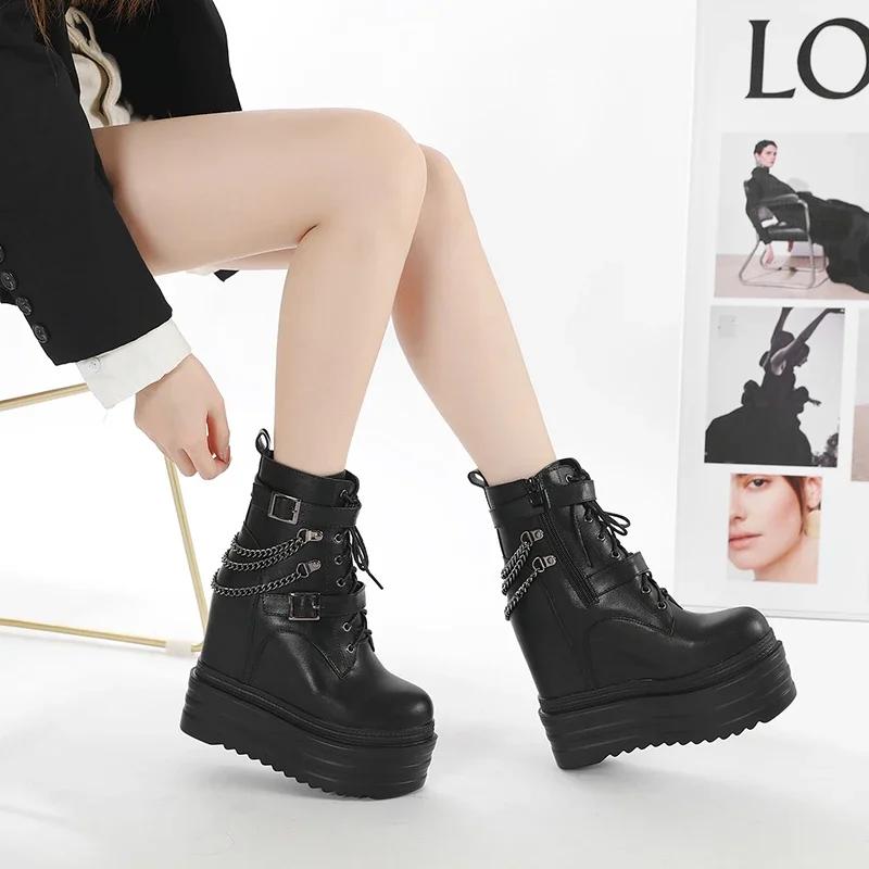 Mode 14CM Klobiger Absatz Damen Stiefeletten Leder Runde Zehenpartie Plateau Ritterstiefel Schuhe Hohe Absätze Schwarz Weiß Dicker Absatz Schnürung