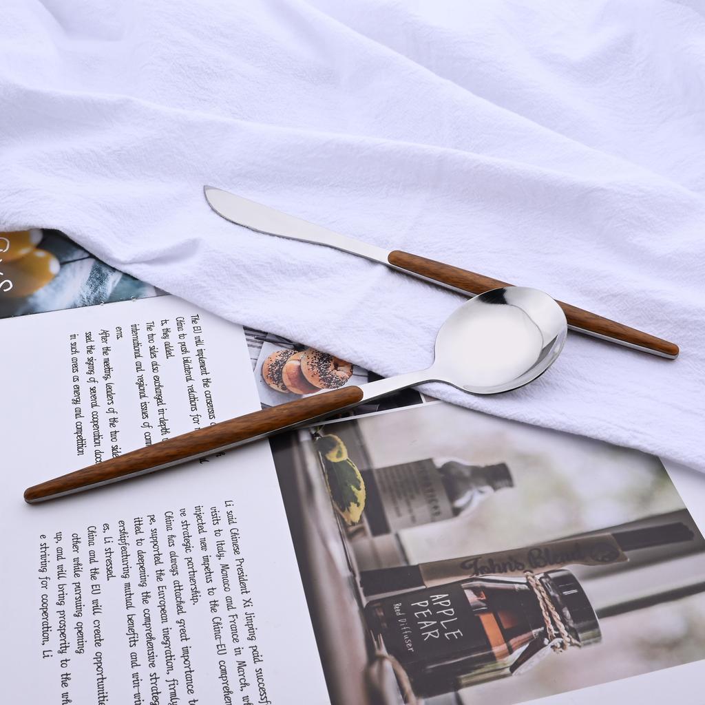 20Pcs Stainless Steel Dinnerware Set for 4 Knife Fork Spoon Set with Wooden Handle Western Flatware Silverware Cutlery Set