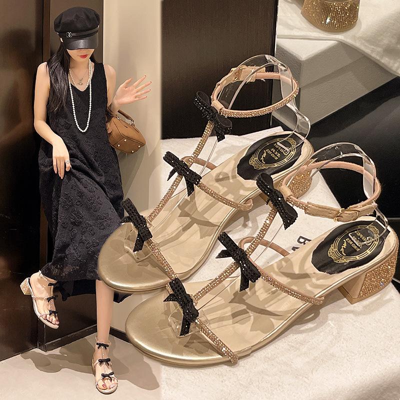 Fashion Luxury Bowknot Crytsal Thick Heel Sandals Women Elegant Ankle Strap Party Shoes Woman 2025 Med Heels Gladiator Sandalias Mujer