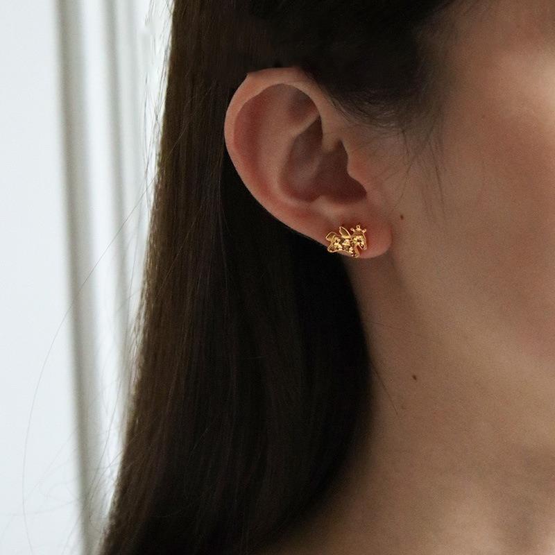 K real gold electroplated silver needle pony stud earrings light luxury high sense new Chinese earrings natal year temperament earrings women
