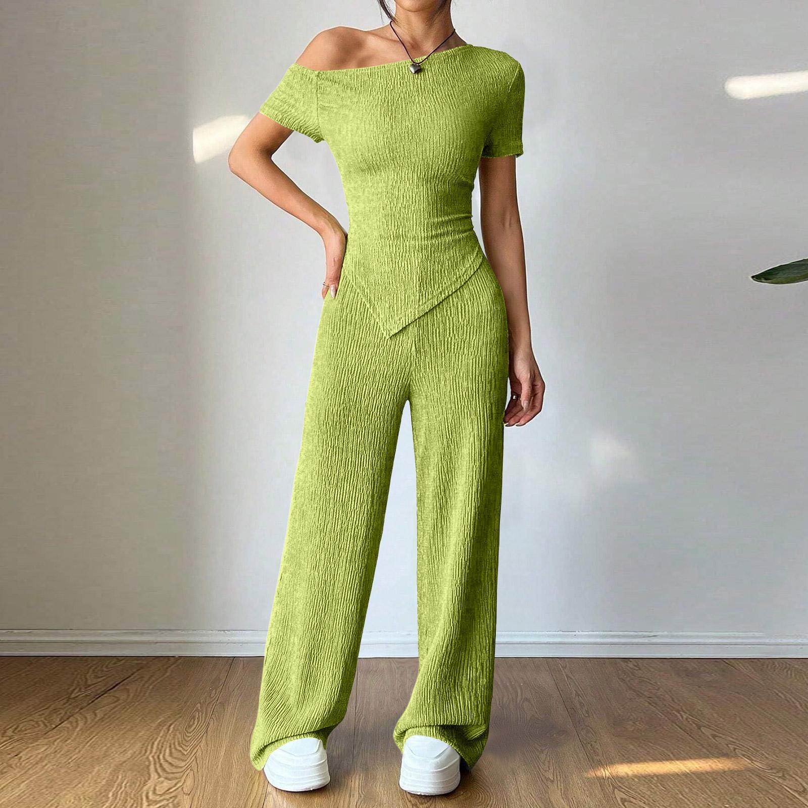 

Womens Sets One Shoulder T-Shirt And Wide Leg Low Waist Pants Set M