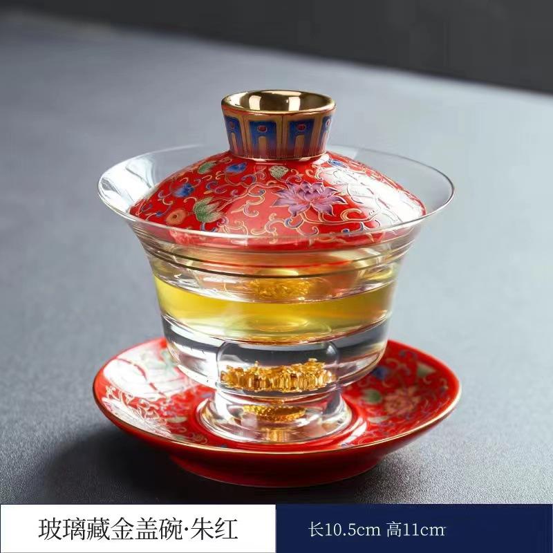 Enamel Colored Glass Gaiwan Puer Tea Bowls Crystal Tea Bowl Tureen Lid Bowl Lotus Hand Drawing Gaiwan for Travel Gai Wan Cup Set