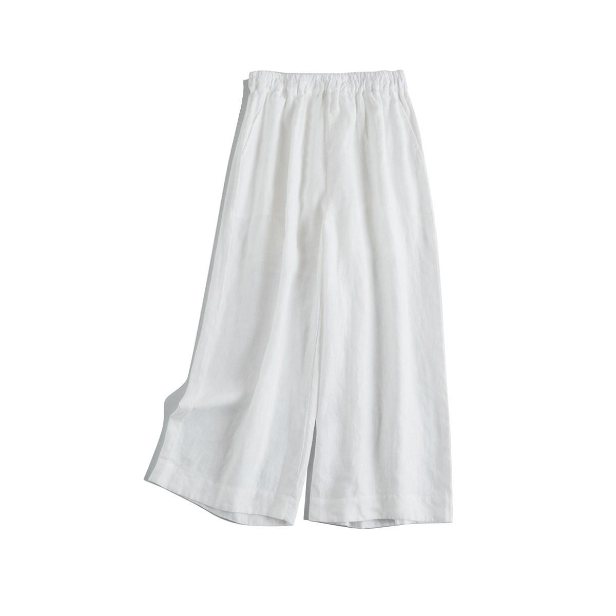

Pure Linen Wide-Leg Cropped Pants with Lining - White, Summer Artistic Forest Style (14-pack) M up to 120 lbs білий