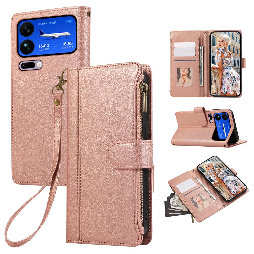 For Xiaomi 17 Pro Max Case Multi Card Slots Zipper Leather Phone Cover with Wrist Strap