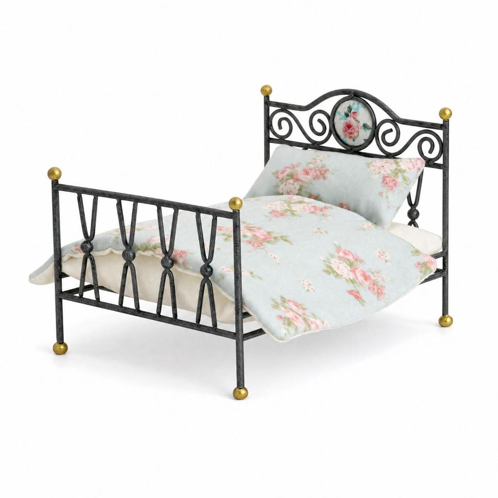 Bed with Bedding Vintage Miniature Metal Ornate Furniture for Collectors,